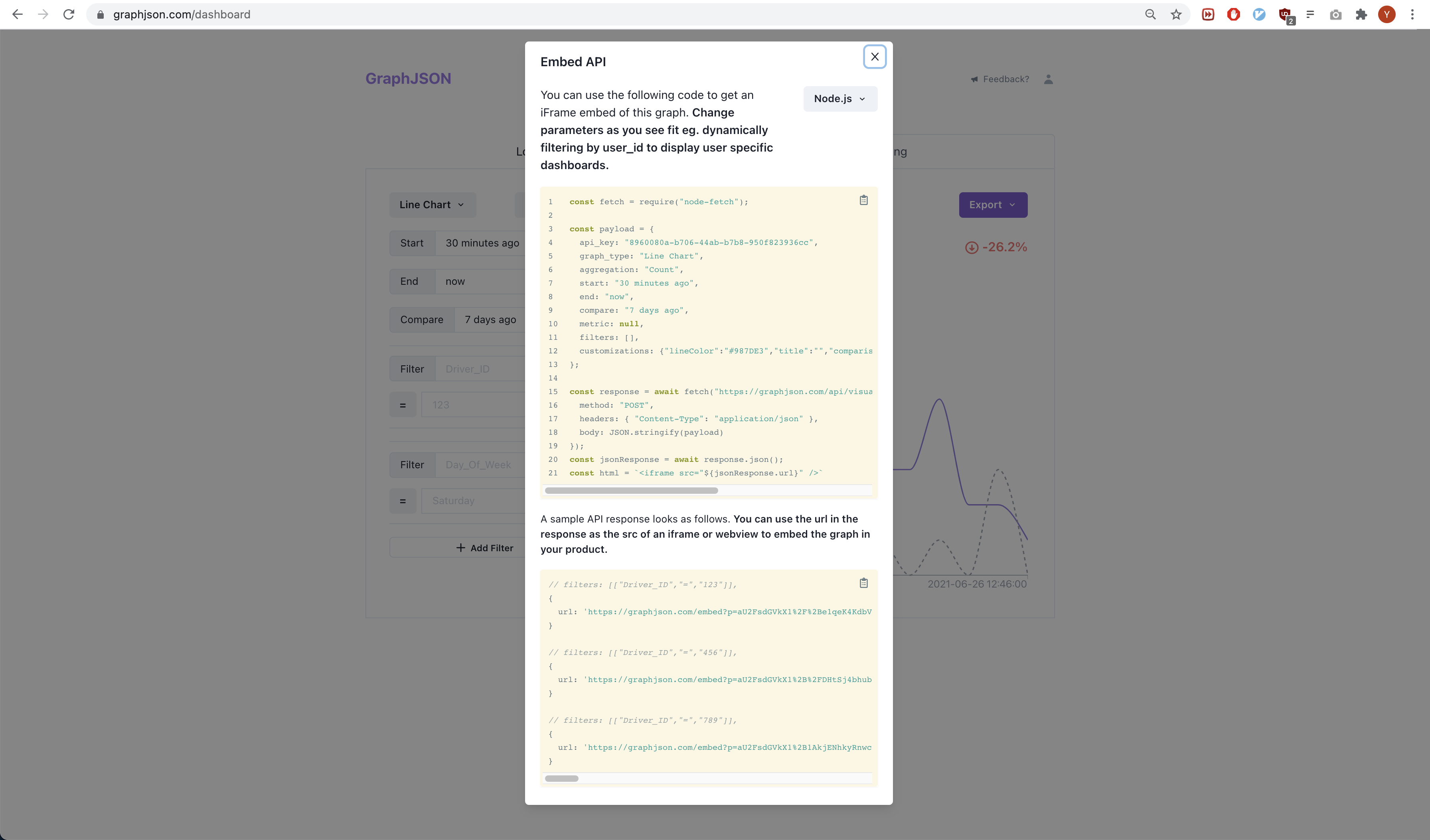 The Embed API generates iframe URLs with filters you can change per request, e.g. by user_id